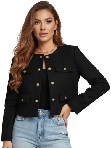 Woman wearing a high fashion black short jacket with gold buttons on a white background